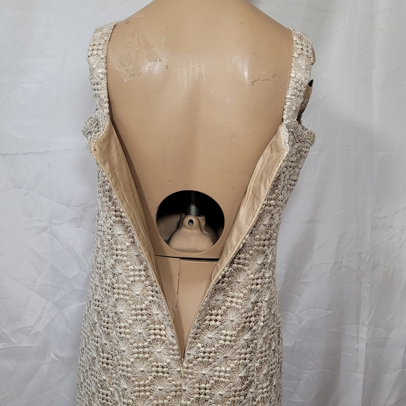 Vintage nude gold metallic thread embroidery crochet knit maxi formal dress - Picture 7 of 15